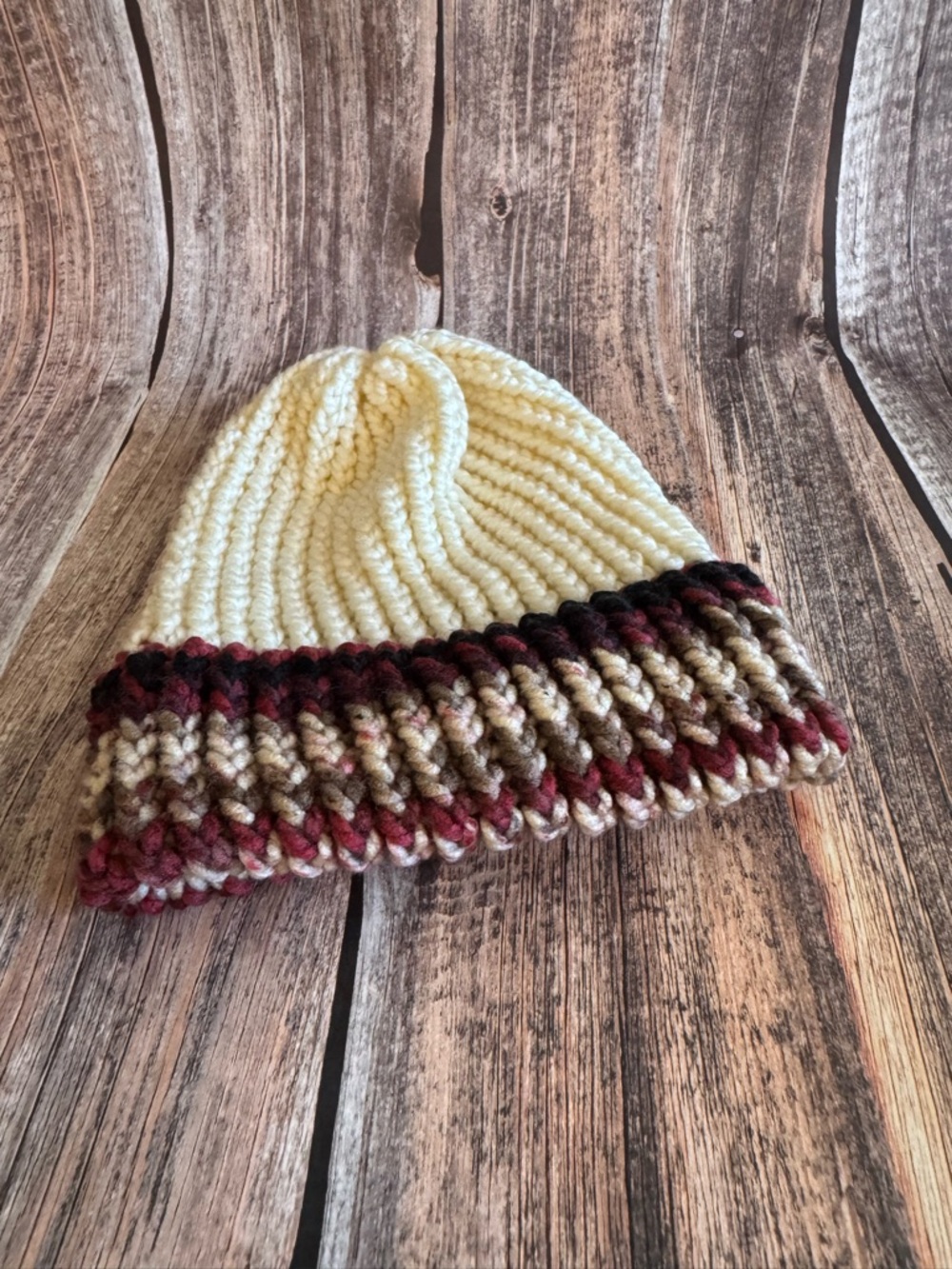 NEW Handmade Cream and Multicolor Knit Beanie Item #PHK7522